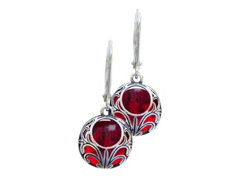 Recycled Vintage 1940's Red Beer Bottle and Sterling Silver Vintage Lace Lever Back Earrings