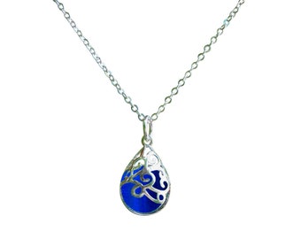 Recycled Vintage 1960's Cobalt Skin Cream Jar and Sterling Silver Filigree Teardrop Necklace