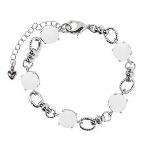 May include: A silver-toned chain bracelet featuring five circular white cabochon stones set in metal bezels. The bracelet includes textured oval links, a lobster claw clasp, and an adjustable extender chain finished with a small heart-shaped charm.