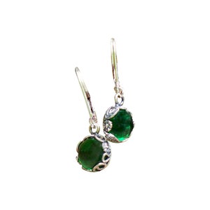Recycled Vintage 1960's Emerald Beer Bottle Sterling Silver Botanical Earrings/Lever back Earrings