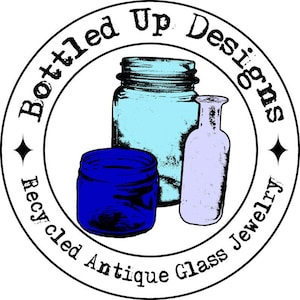 May include: A logo for a business called "Bottled Up Designs" that makes jewelry from recycled antique glass. The logo features three glass containers: a blue jar, a light blue jar, and a light purple bottle.