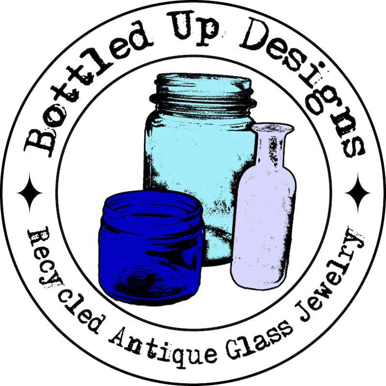 May include: A logo for a business called "Bottled Up Designs" that makes jewelry from recycled antique glass. The logo features three glass containers: a blue jar, a light blue jar, and a light purple bottle.