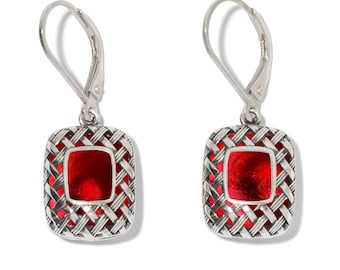 Recycled Vintage 1940s Red Beer Bottle and Sterling Silver Vintage Quilted Square Lever Back Earrings …