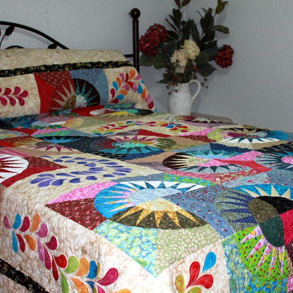 Queen Bed Quilt NEW YORK BEAUTY Scrappy Style in multicolor splendor Ready to Ship