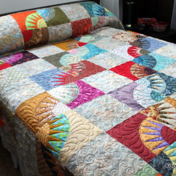 Queen Bed Quilt NEW YORK BEAUTY Scrappy Style 92" x 100"  Ready to Ship