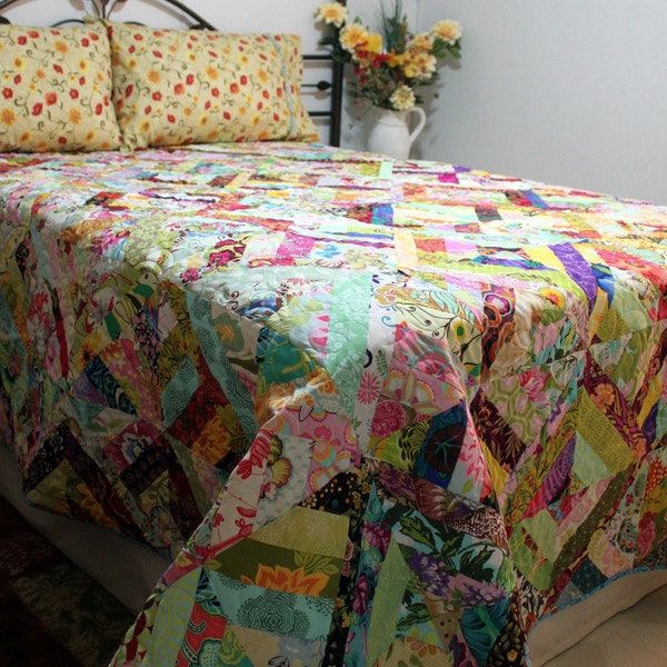 Queen Bed Quilt ON the WILD SIDE 89" x 97" Designer Medley Strip Quilt