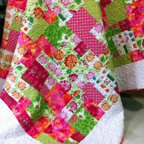 Patchwork  Lap Quilt in pink, lime and white SUMMER SUNSHINE 56" x 66"