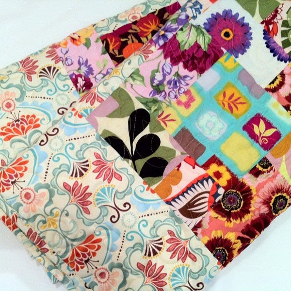 DESIGNER MEDLEY Snuggle Quilt in shades of lime green, melon pink, aqua and tangerine 56 x 75 Ready to Ship