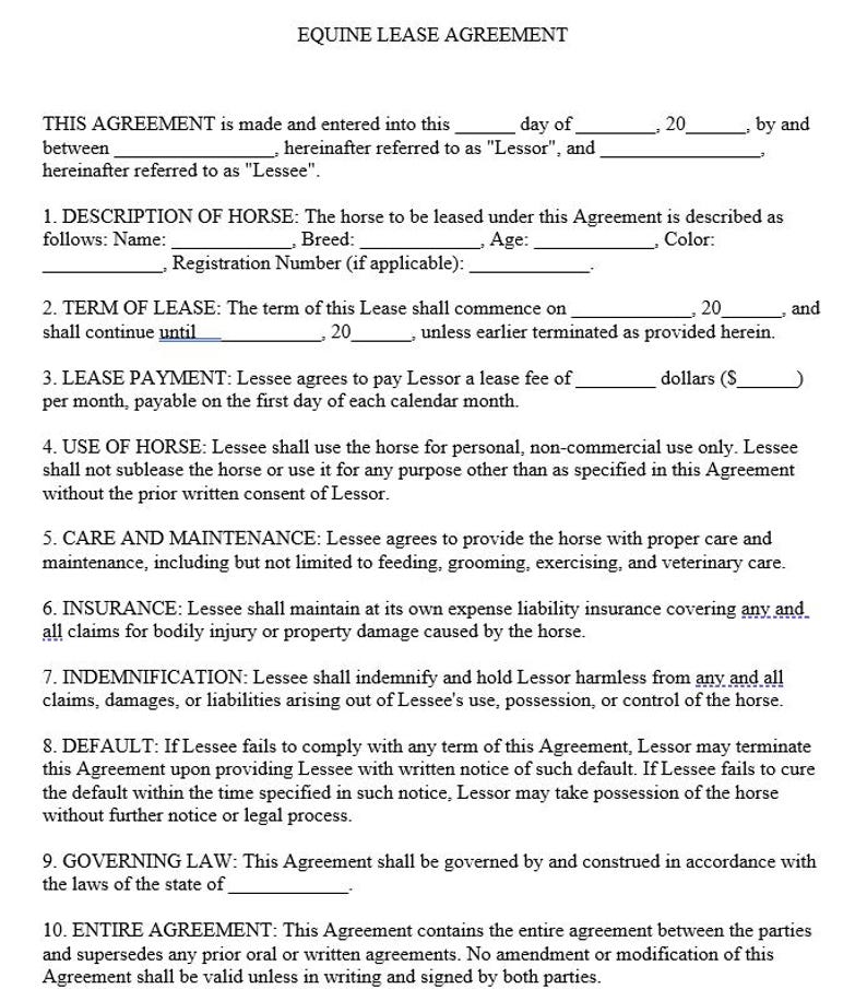Horse Lease Agreement Template Etsy horse-lease-agreement-template-etsy