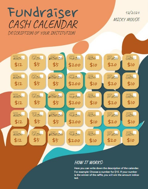 Cash Calendar Fundraiser Template editable in Canva With 7 Styles