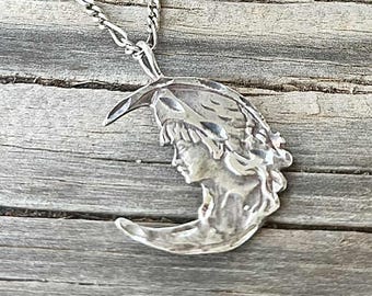 Vintage Sterling Silver Crescent Moon Necklace, Women in the Moon Pendant, Half Moon, Art Nouveau Moon
