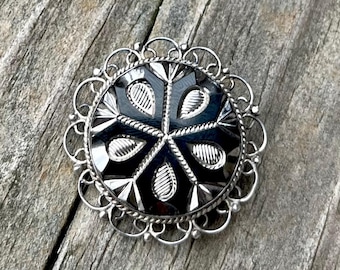 Vintage Sterling Silver Brooch Pendant, Signed Mexico Pendant, Carved Onyx, Silver Filigree