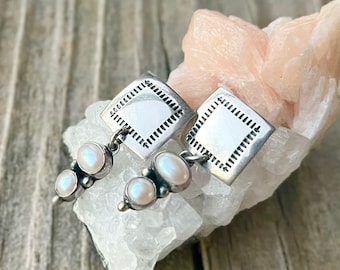 Vintage Sterling Silver Pearl Dangle Earrings, Stud Back Earrings, Southwest Square Dangles