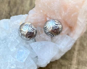Vintage Southwest Sterling Silver Earrings, Etched Silver Stud Earrings, Round Studs, Silver Moon Earrings, Silver Sun Earrings