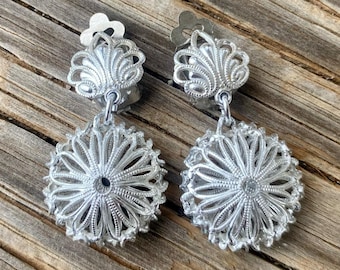 Vintage Signed Germany Clip on Earrings, Silver Filigree Clip on Earrings, Vintage Dangles, Aluminum Lightweight, Made in Germany