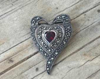 Vintage Sterling Silver Garnet Heart Brooch, Art Deco Pin, Victorian Revival Marcasite Brooch