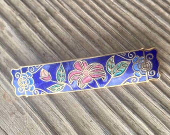 Vintage Enamel Cloisonne Brooch, Blue Enamel Pin, Enamel Floral Inlay