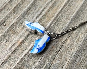 Vintage Sterling Silver Delft Dutch Wooden Shoes Necklace, 800 Silver Dutch Shoes Charm, Blue Windmill Pendant, Netherlands