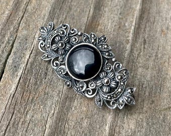 Vintage Sterling Silver Brooch, onyx and marcasite pin, floral brooch