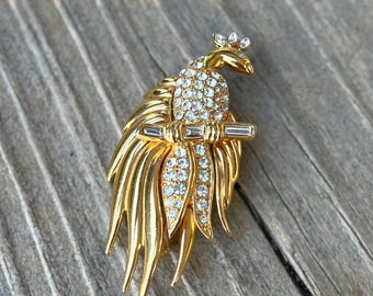 Vintage Monet Phoenix Brooch, Rhinestones Pin, Signed Monet Bird of Paradise