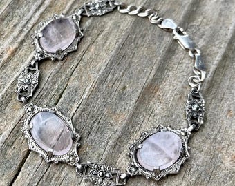Vintage Sterling Silver Rose Quartz Bracelet, Marcasites Filigree Bracelet,