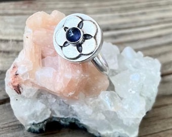 Vintage Sterling Silver Flower Ring, Iolite Stone, Cocktail Statement Ring, Vintage Floral Ring