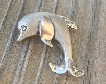 Vintage Sterling Silver Dolphin Pin, Brushed Silver Brooch, Signed Italy Silver Pin,