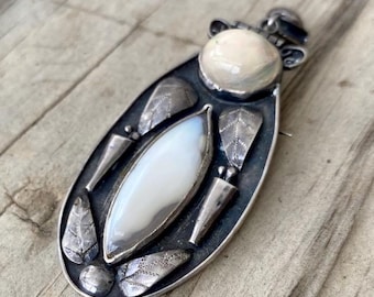 Vintage Mexico Silver Pendant Brooch, 980 Silver, Leaf Brooch, Sterling Silver, Vintage Pin, Milky White Stones,