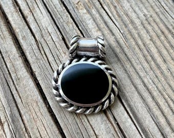 Vintage Sterling Silver Onyx Pendant, Onyx Stone Necklace, Slider Pendant, Sterling Silver Rope Pendant,