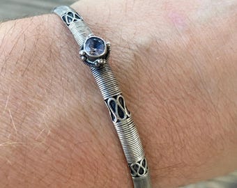 Vintage Sterling Silver Bangle Bracelet, Adjustable Bangle, Stacking Bracelets, Gemstone Bangle, Amethyst Stone, Purple Stone