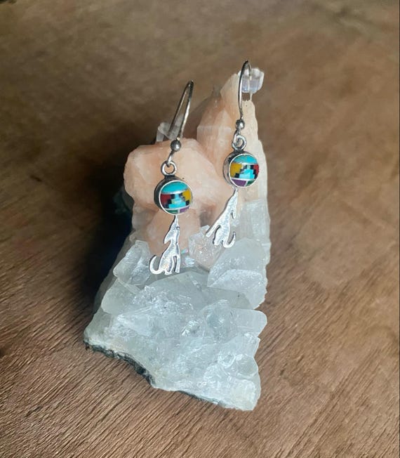 Exceptional Native American Navajo Sterling Silver Coyote & Moon Earrings Exceptional Native American Navajo Sterling Silver Coyote & Moon Earrings
