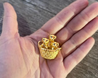 Vintage CAROLEE Basket of Puppies Brooch, Puppies with Blue Eyes, Dog Pin, Signed CAROLEE