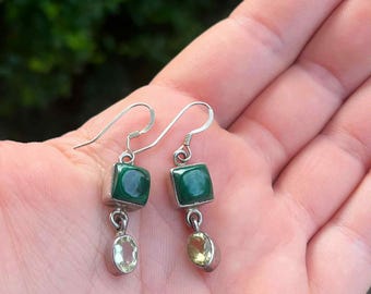 Vintage Sterling Silver Gemstone Earrings, Malachite and Yellow Citrine Stones, Vintage Dangle Earrings,