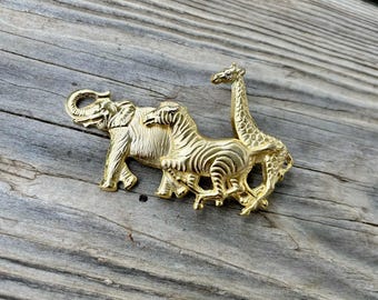 Vintage Premier Designs Safari Brooch, Vintage Signed PD Pin, Zoo Animals Pin, Elephant Giraffe Zebra Brooch,