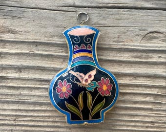 Vintage Enamel Cloisonne Pendant, Cloisonne Vase Pendant, Butterfly Floral Vase, Enamel Flowers, Miniature Vase, Vintage Vase Charm