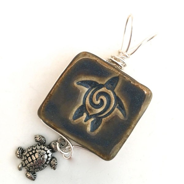 Pendant Stoneware Ceramic Wire Wrapped Turtle with Charm Great Stocking Stuffer PNT0005