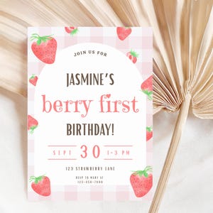 Berry First Birthday Invite Girl Strawberry 1st Birthday Editable Template Digital Download Pink Fruit Party Invite