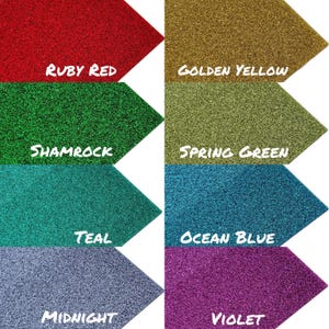 May include: A collection of six glitter cardstock samples in various colors, including ruby red, golden yellow, shamrock, teal, ocean blue, and violet. Each sample is labeled with its color name.