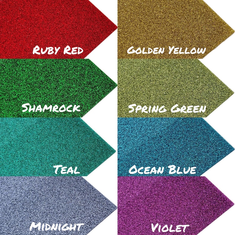 May include: A collection of six glitter cardstock samples in various colors, including ruby red, golden yellow, shamrock, teal, ocean blue, and violet. Each sample is labeled with its color name.