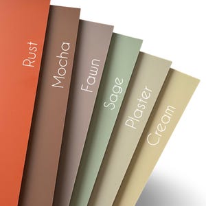 May include: Six color swatches of paint samples, from left to right: Rust, Mocha, Fawn, Sage, Plaster, and Cream.