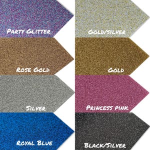 May include: A variety of glitter colors, including party glitter, gold/silver, rose gold, gold, silver, princess pink, royal blue, and black/silver.