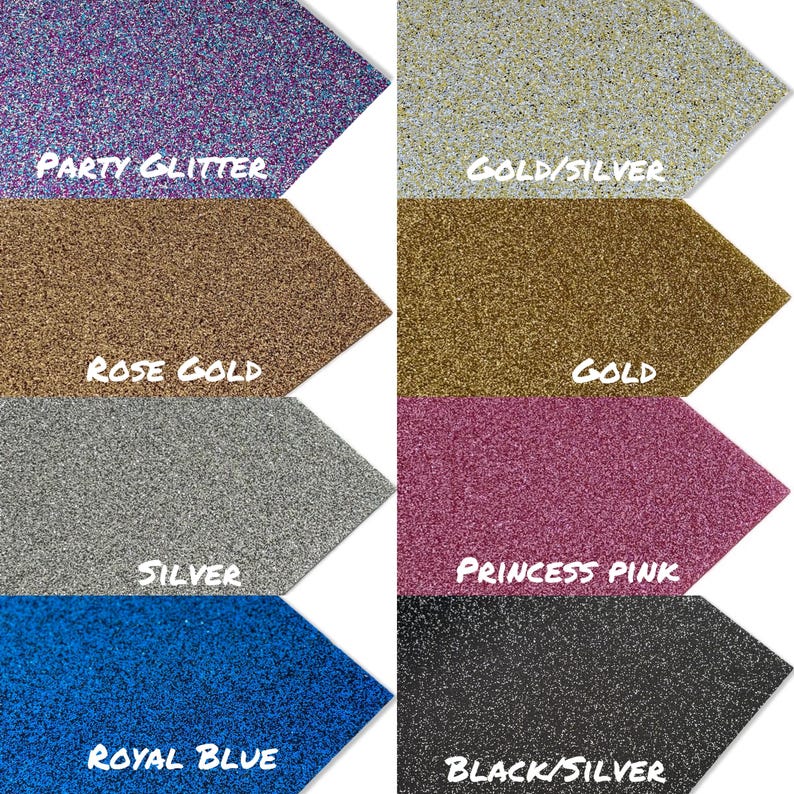May include: A variety of glitter colors, including party glitter, gold/silver, rose gold, gold, silver, princess pink, royal blue, and black/silver.