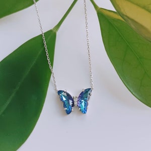 Silver Butterfly Necklace with Blue Crystal Stone-Silver Butterfly Jewelry Blue Crystal-Magical Blue Crystal Butterfly-Gift For Her-