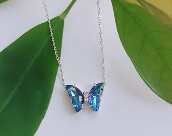 Sterling Silver Butterfly Necklace: Blue Crystal Zircon Stone