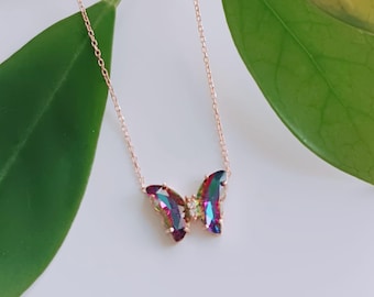 Pendentif Papillon En Argent Avec Topaze Mystique - Bijou Femme Délicat - Neuf
