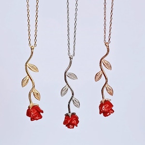 Sterling Silver Rose Necklace-Red Rose Necklace-Dainty Flower Necklace-Gift for Lovers-Love Necklace-