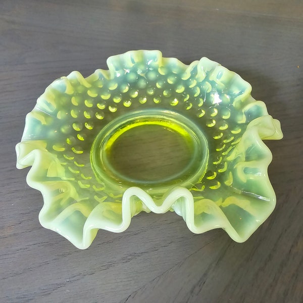 Vintage 40s Fenton Yellow Topaz Opalescent Douple Crimped Bonbon Dish, Vaseline Uranium