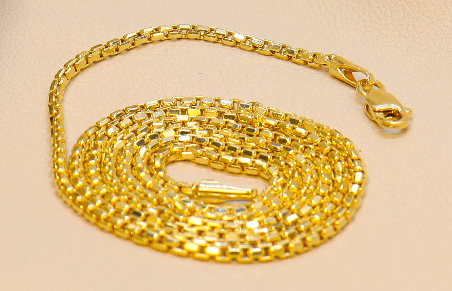 18K Genuine Solid Yellow Gold Box Chain Necklace, 20,22,24 Inches, Real