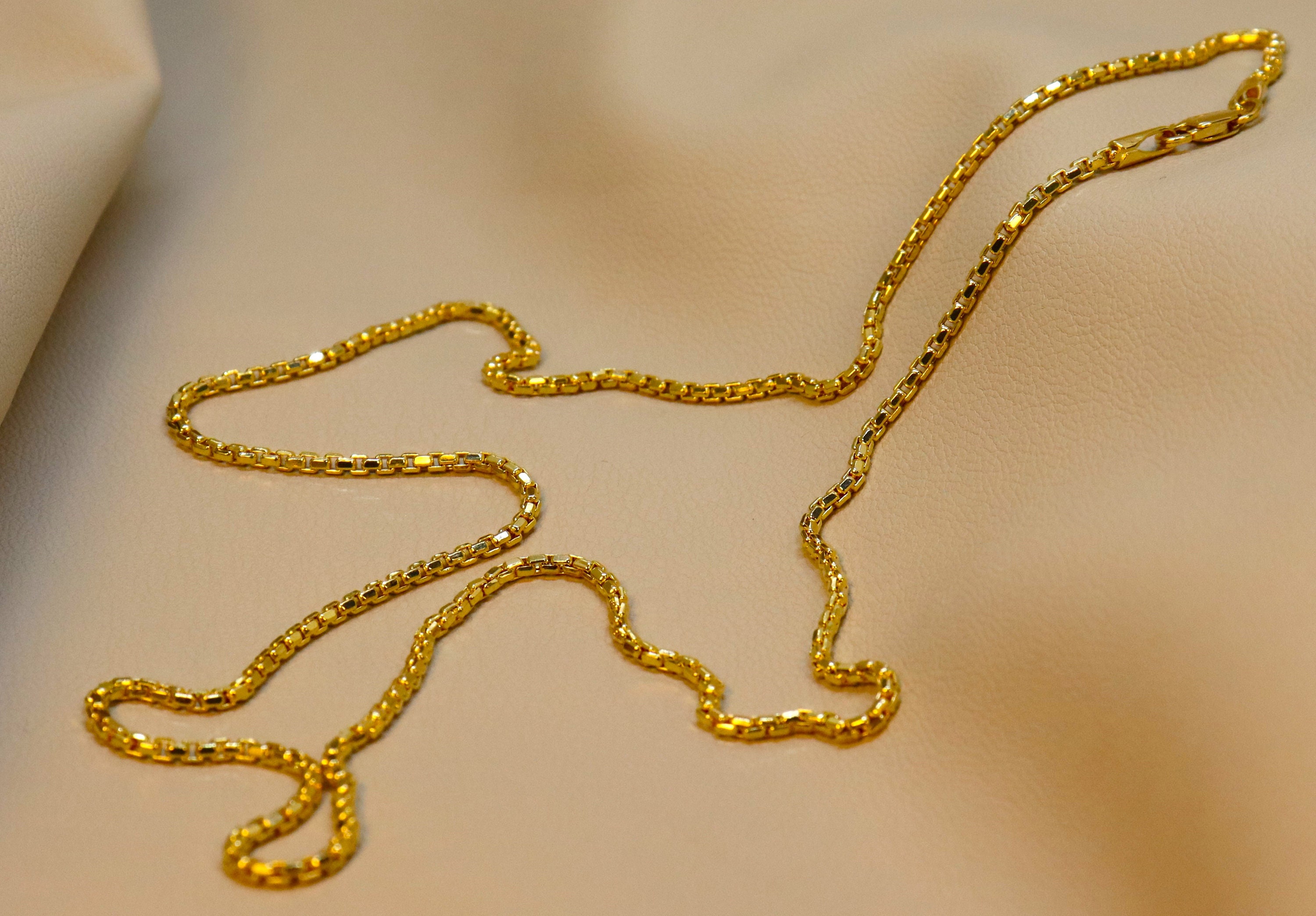 18K Genuine Solid Yellow Gold Box Chain Necklace, 20,22,24 Inches, Real