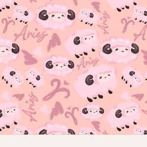 Könnte beinhalten: Ein nahtloses Muster in Rosa und Weiß mit einem Cartoon-Schaf mit schwarzen Hörnern und Hufen. Das Schaf ist von rosa Herzen umgeben und das Wort "Aries" ist in rosa kursiver Schrift geschrieben.